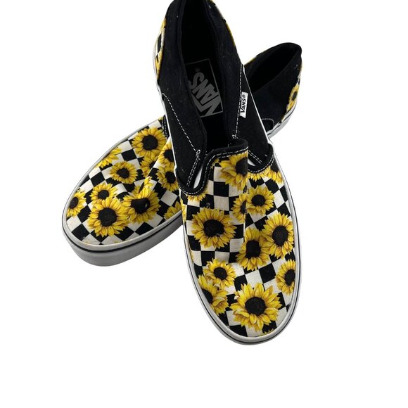 Vans Womens Sunflower Checkerboard Slip-On Shoes Size 9.5 Black & Yellow Canvas - Picture 1 of 7